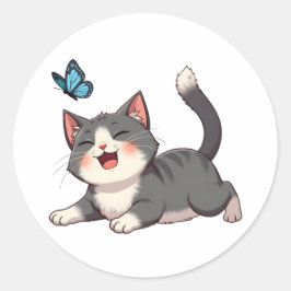 Pegatina Redonda Kawaii cute un gato que miente en el suelo y la ma