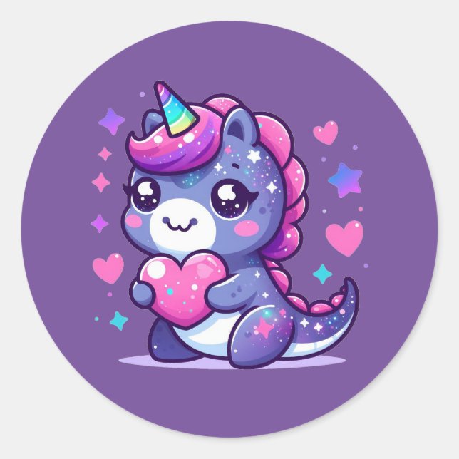 Pegatina Redonda Kawaii cute unicornio de San Valentín (Anverso)