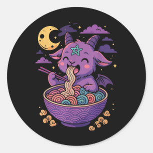 Pegatina Redonda Kawaii Demon Ramen Noodles Goat Pentagram Pastel B
