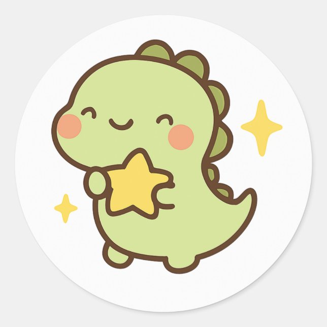 Pegatina Redonda Kawaii Dinosaur Holding Star Sticker (Anverso)