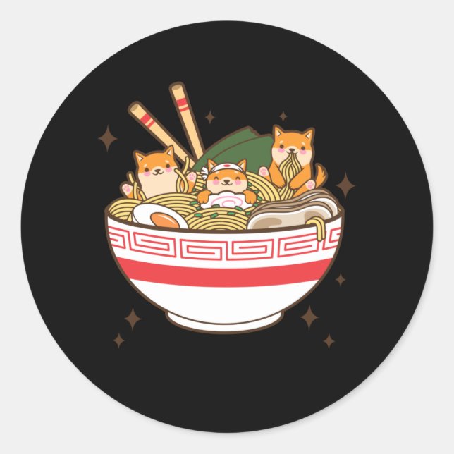 Pegatina Redonda Kawaii dogs eating Ramen (Anverso)