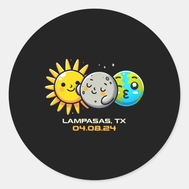 Pegatina Redonda Kawaii Eclipse Solar Total Lampasas Texas (Anverso)
