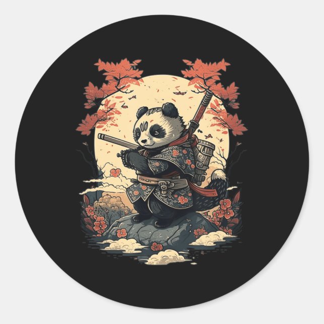 Pegatina Redonda Kawaii estilo japonés Samurai Anime Panda (Anverso)