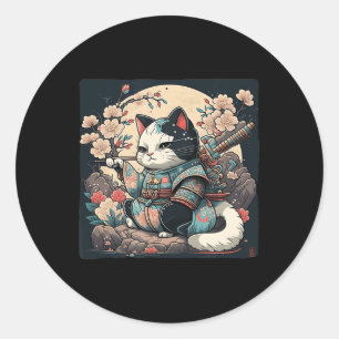 Pegatina Redonda Kawaii estilo japonés Samurai Cat Kitten Anime