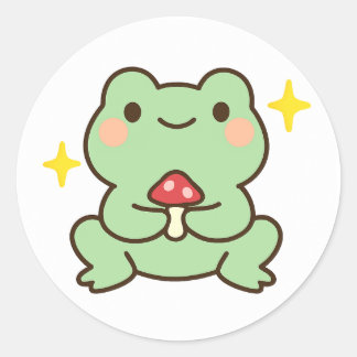 Pegatina Redonda Kawaii Frog Holding Mushroom Sticker