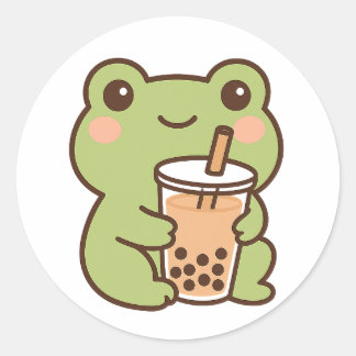 Pegatina Redonda Kawaii Frog With Bubble Tea Sticker