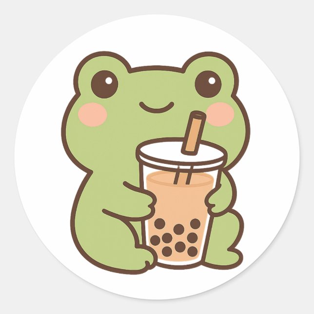 Pegatina Redonda Kawaii Frog With Bubble Tea Sticker (Anverso)