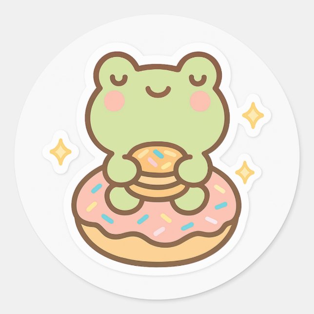 Pegatina Redonda Kawaii Frog with Donut Sticker (Anverso)