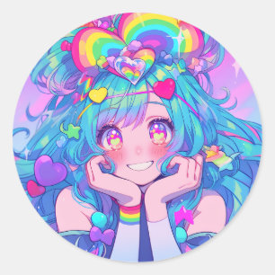 Pegatina Redonda Kawaii Fun Rainbow Anime Chica
