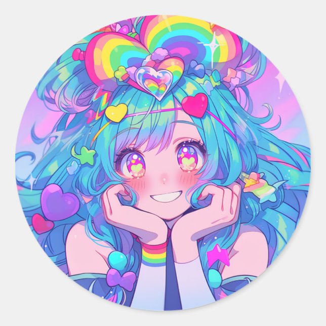 Pegatina Redonda Kawaii Fun Rainbow Anime Chica (Anverso)