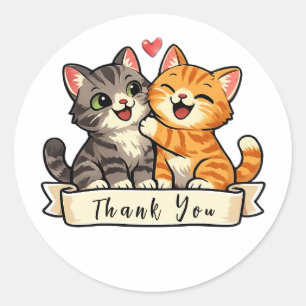 Pegatina Redonda Kawaii Gatitos Felices con Corazón Rosa Gracias