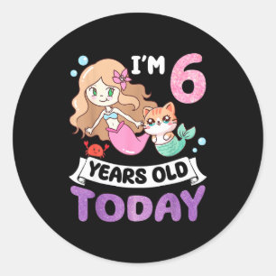 Pegatina Redonda Kawaii gato sirena tengo 6 años 6º cumpleaños