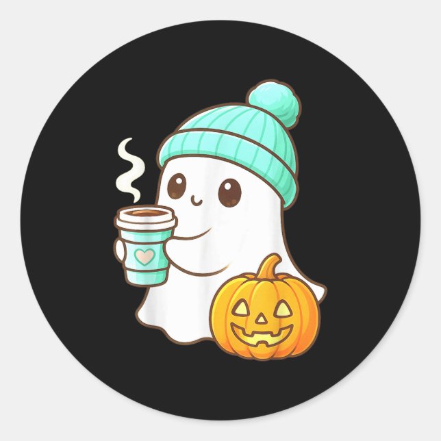 Pegatina Redonda Kawaii Ghost With Pumpkin Coffee Cozy Halloween Au (Anverso)