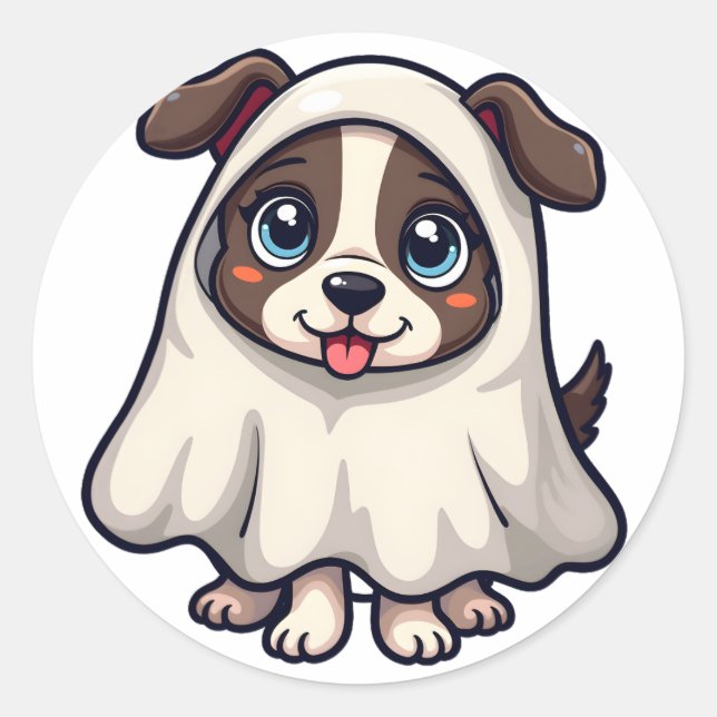 Pegatina Redonda Kawaii Halloween adormecido perro fantasma (Anverso)