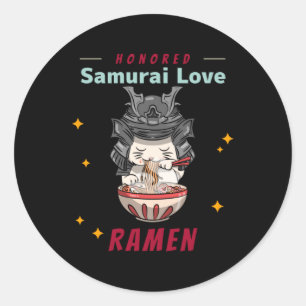 Pegatina Redonda Kawaii honró a un gato samurai comiendo a Ramen