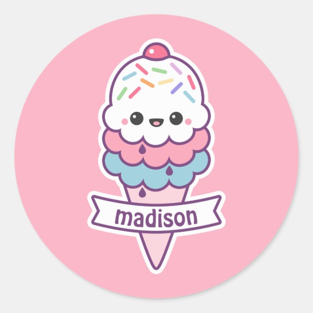 Pegatina Redonda Kawaii Ice Cream Cone (Anverso)