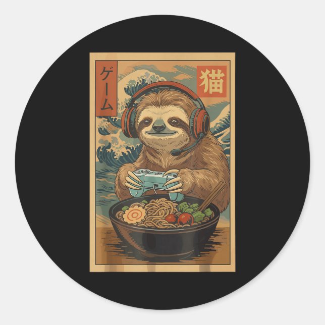 Pegatina Redonda Kawaii Japanese Ramen Sloth Retro Gaming Shirts Fo (Anverso)