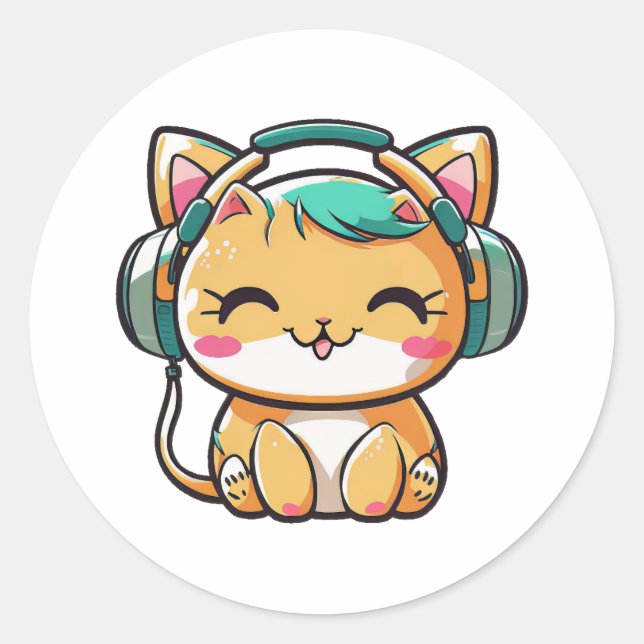 Pegatina Redonda Kawaii lindo felino colorido feliz con audífonos (Anverso)