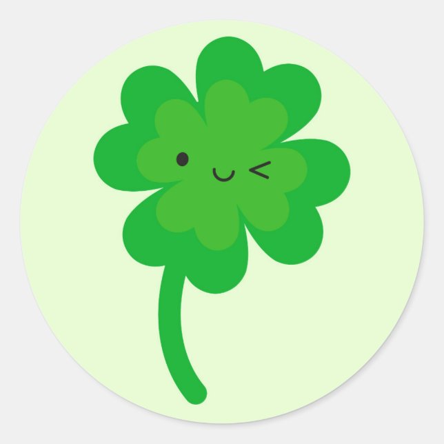 Pegatina Redonda Kawaii Lucky Four Leaf Clover (Anverso)
