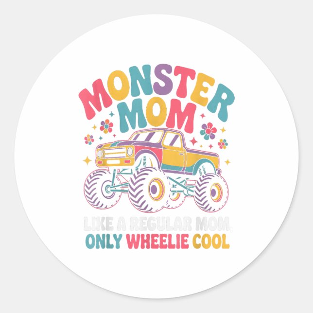 Pegatina Redonda Kawaii Monster Mom Like Regular Mommy But Wheelie  (Anverso)