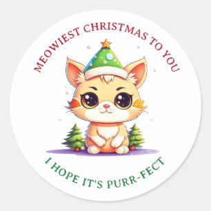 Pegatina Redonda Kawaii Navidades Kitten Holiday Cat Pun