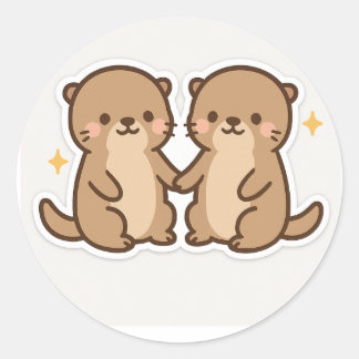 Pegatina Redonda Kawaii Otters Holding Hands Sticker