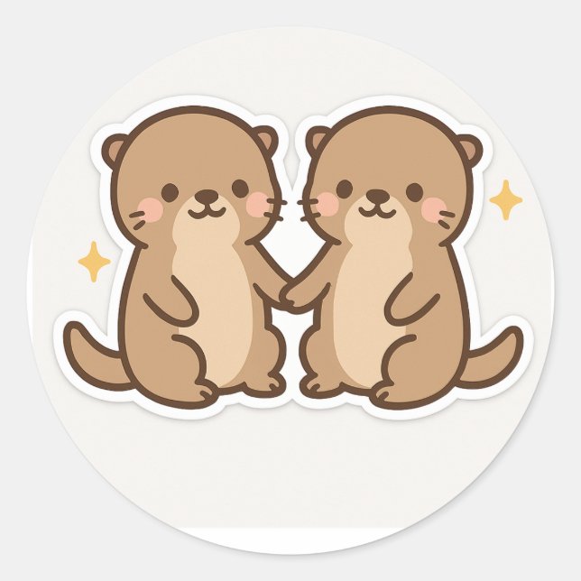 Pegatina Redonda Kawaii Otters Holding Hands Sticker (Anverso)