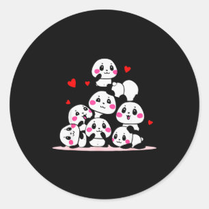 Pegatina Redonda Kawaii Panda Bebé Lindo Montón Con Corazones Rojos