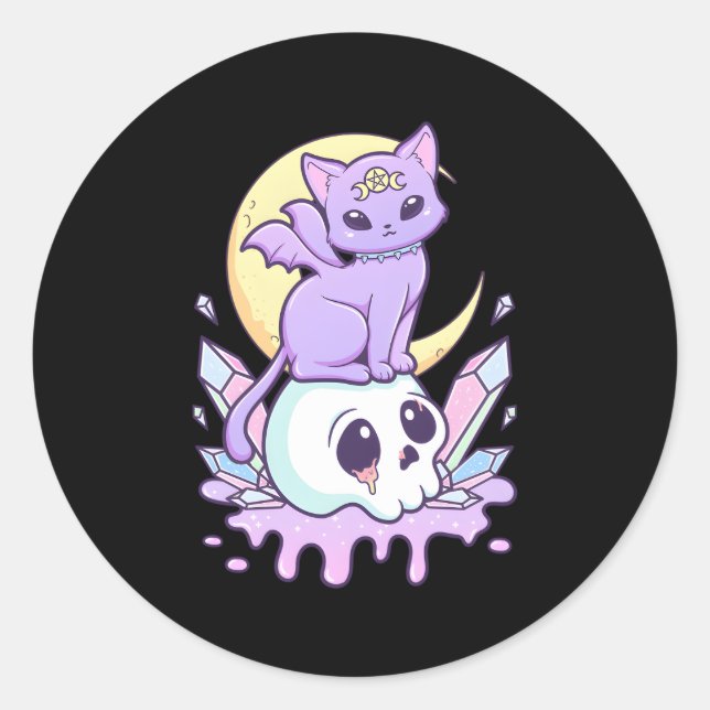 Pegatina Redonda Kawaii Pastel Gótico Asombroso Gato Y Calavera (Anverso)