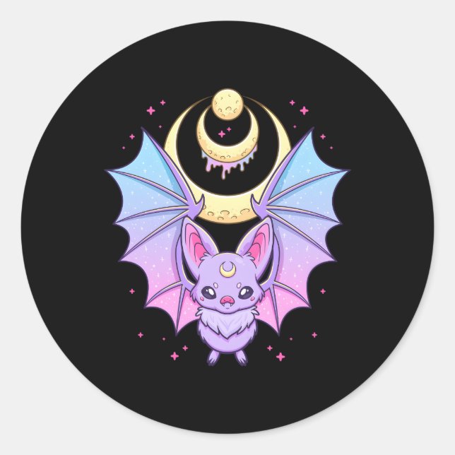 Pegatina Redonda Kawaii Pastel Gótico Crescent Moon Bat (Anverso)