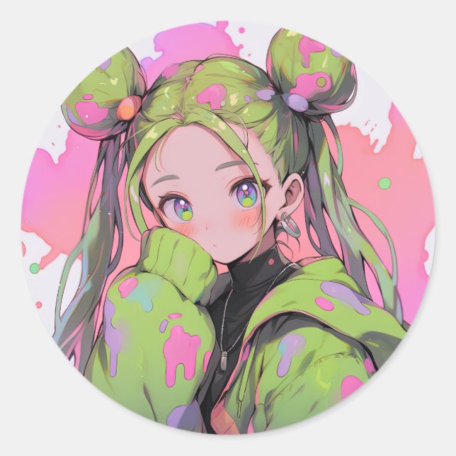 Pegatina Redonda Kawaii Pastel Splatter Anime Chica (Anverso)