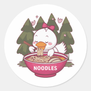 Pegatina Redonda Kawaii pato comiendo ramen