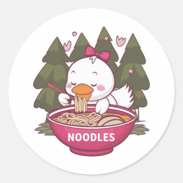 Pegatina Redonda Kawaii pato comiendo ramen (Anverso)