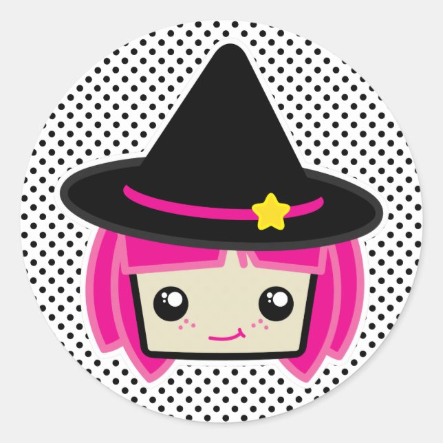 Pegatina Redonda Kawaii Pink Haired Witch Pegatinas (Anverso)