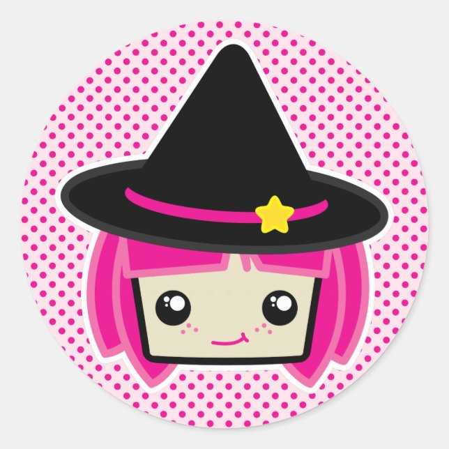 Pegatina Redonda Kawaii Pink Haired Witch Pegatinas (Anverso)