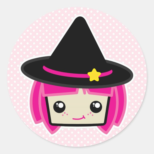 Pegatina Redonda Kawaii Pink Haired Witch Pegatinas (Anverso)