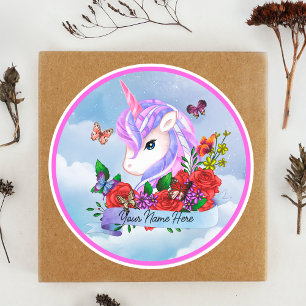 Pegatina Redonda Kawaii Pink y unicornio púrpura con rosas rojas