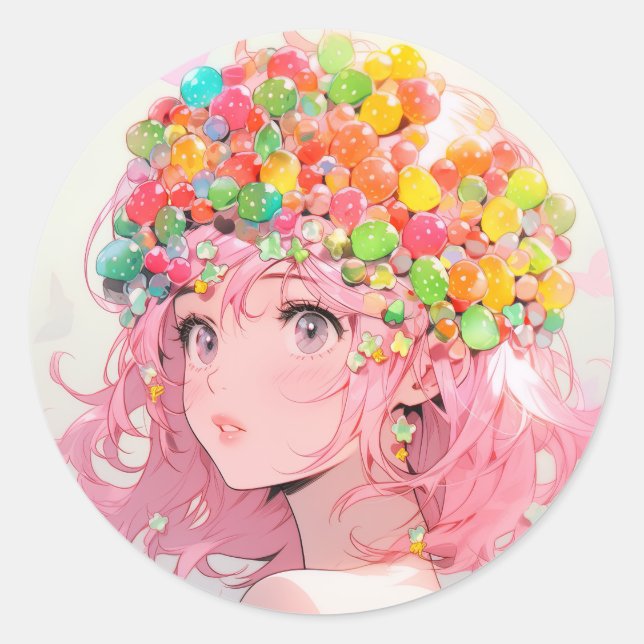 Pegatina Redonda Kawaii Rainbow Pastel Candy Mushroom Anime Chica (Anverso)