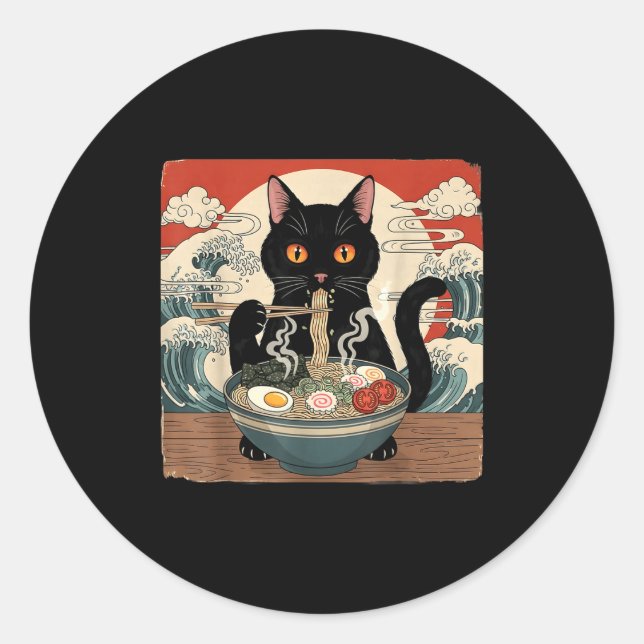 Pegatina Redonda Kawaii Ramen Cat Anime Japanese Noodles Food Wave  (Anverso)