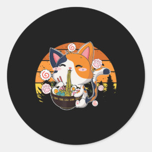 Pegatina Redonda Kawaii Ramen Cat Anime Japonés Neko Noodle Vi
