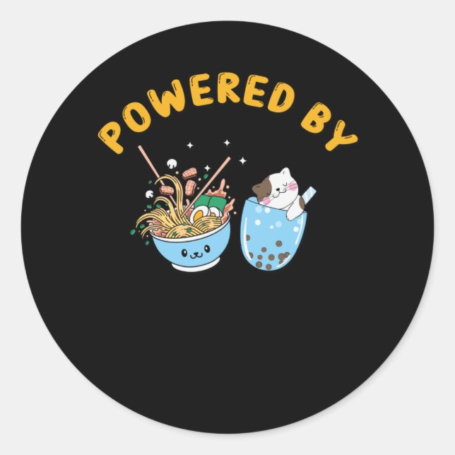 Pegatina Redonda Kawaii Ramen & Cat Design | Powered Ramen and Cat (Anverso)