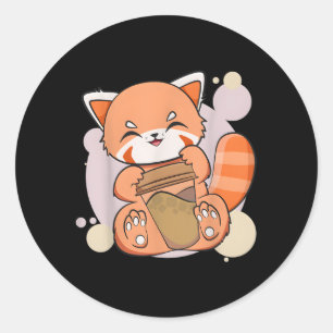 Pegatina Redonda Kawaii Red Panda Bebe Café Copa Anime Oso