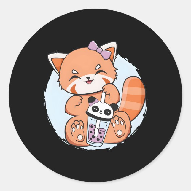 Pegatina Redonda Kawaii Red Panda Boba Anime Pearl Bubble Tea Otaku (Anverso)