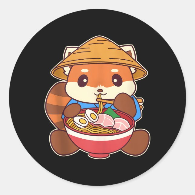 Pegatina Redonda Kawaii Red Panda Comiendo Fideos Ra (Anverso)