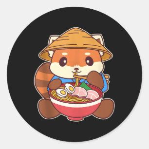 Pegatina Redonda Kawaii Red Panda Comiendo Fideos Ra