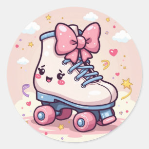 Pegatina Redonda Kawaii Roller Cutie – Patineta Pastel con Lazos