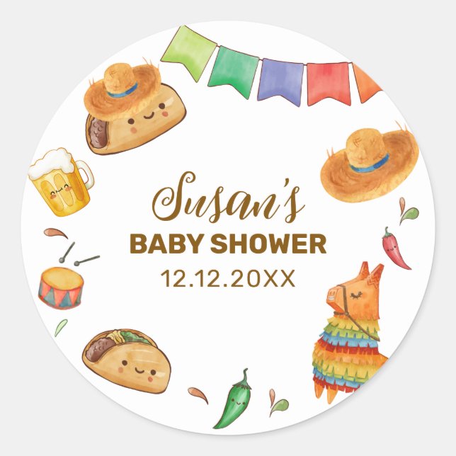 Pegatina Redonda Kawaii Rustic Fiesta Taco Bout A Baby Shower (Anverso)