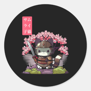 Pegatina Redonda Kawaii Samurai Kitten con flores de cerezo japonés