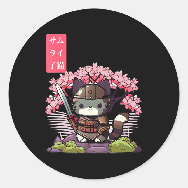 Pegatina Redonda Kawaii Samurai Kitten con flores de cerezo japonés (Anverso)