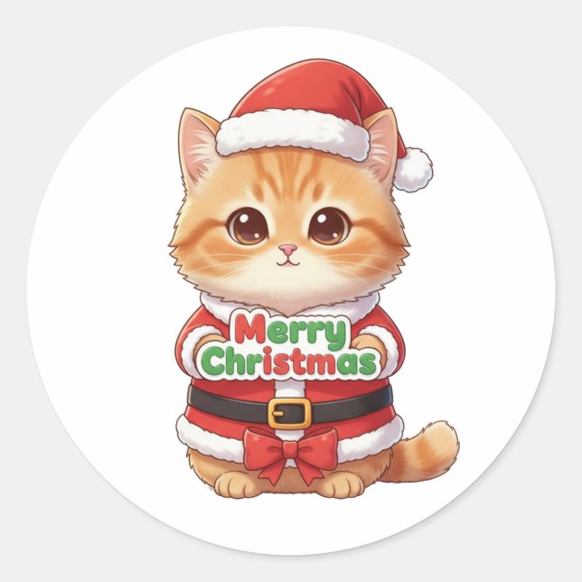 Pegatina Redonda Kawaii Santa Cat Merry Christmas (Anverso)